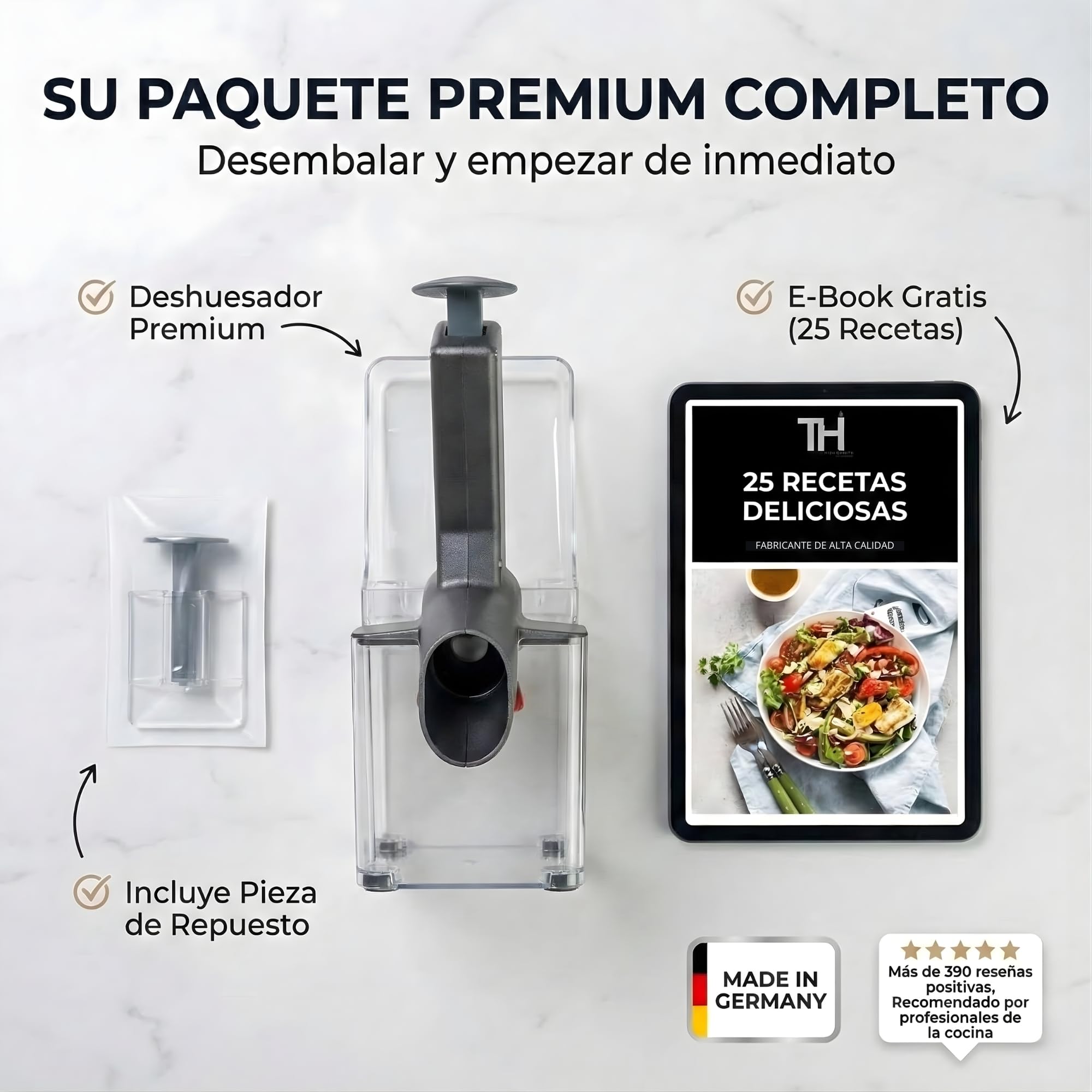 Thiru Descorazonador de cerezas premium - gran capacidad de descorazonado - para cerezas frescas, en conserva, congeladas - con protección contra salpicaduras - Made in Germany