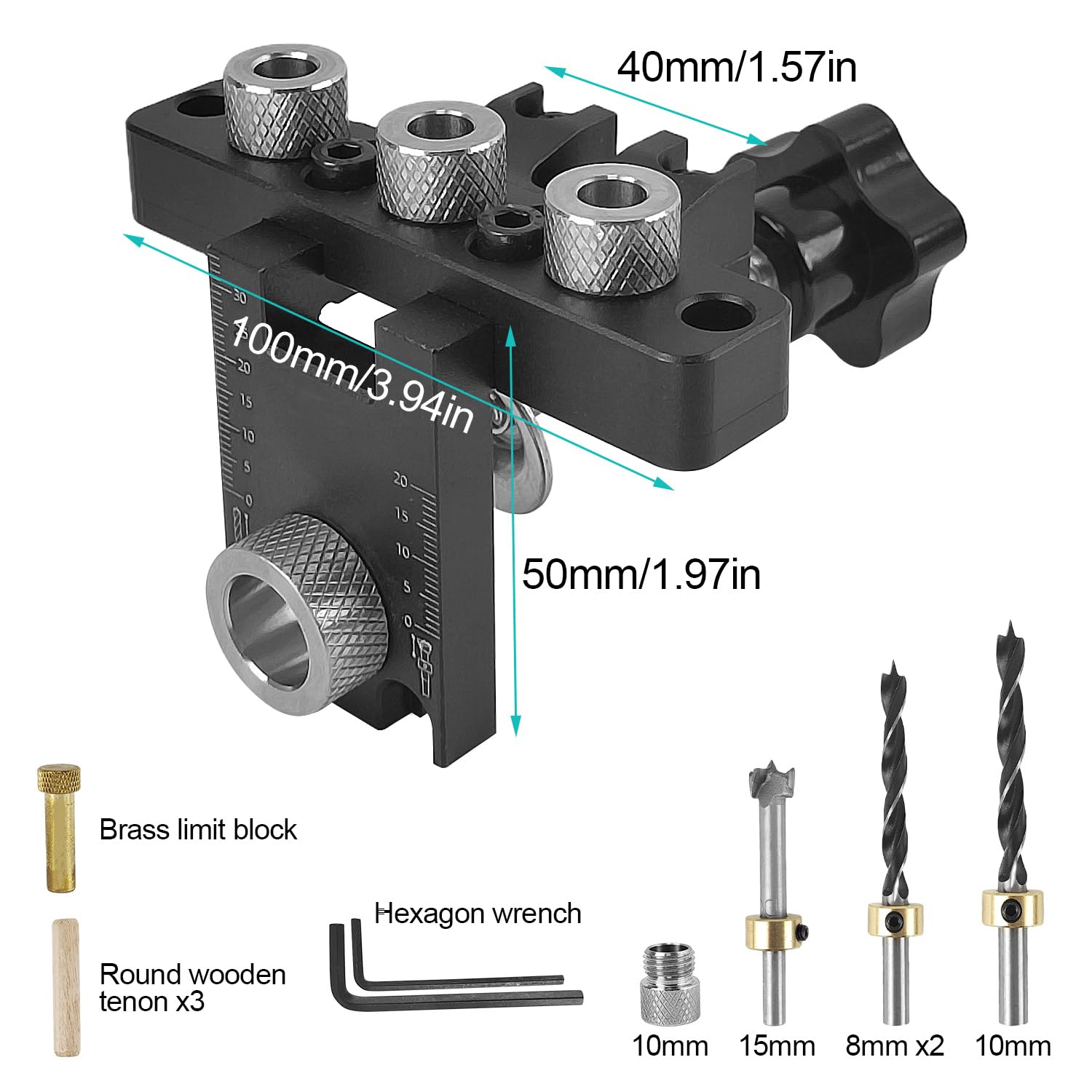 Set da 14 Pezzi Dima per Spinatura Legno, Alluminio Dima per Fori a Tasca, 8/10/15 MM Spinatrice per Legno, 3 In 1 Fori a Tasca per Legno, Set di Punte di Posizionamento. (nero)