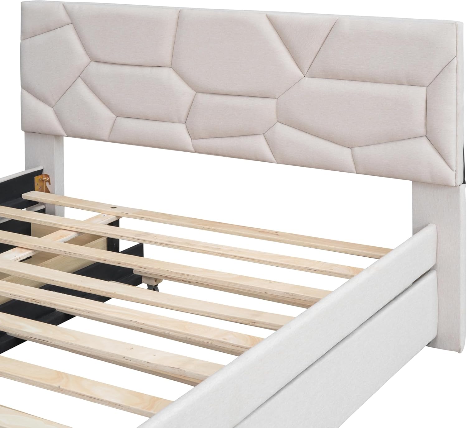 Linen Fabric Upholstered Platform Bed, Full Size Platform Bed with Twin Size Trundle and 2 Drawers, Elegant Upholstered Platform Bed with Brick Pattern Headboard