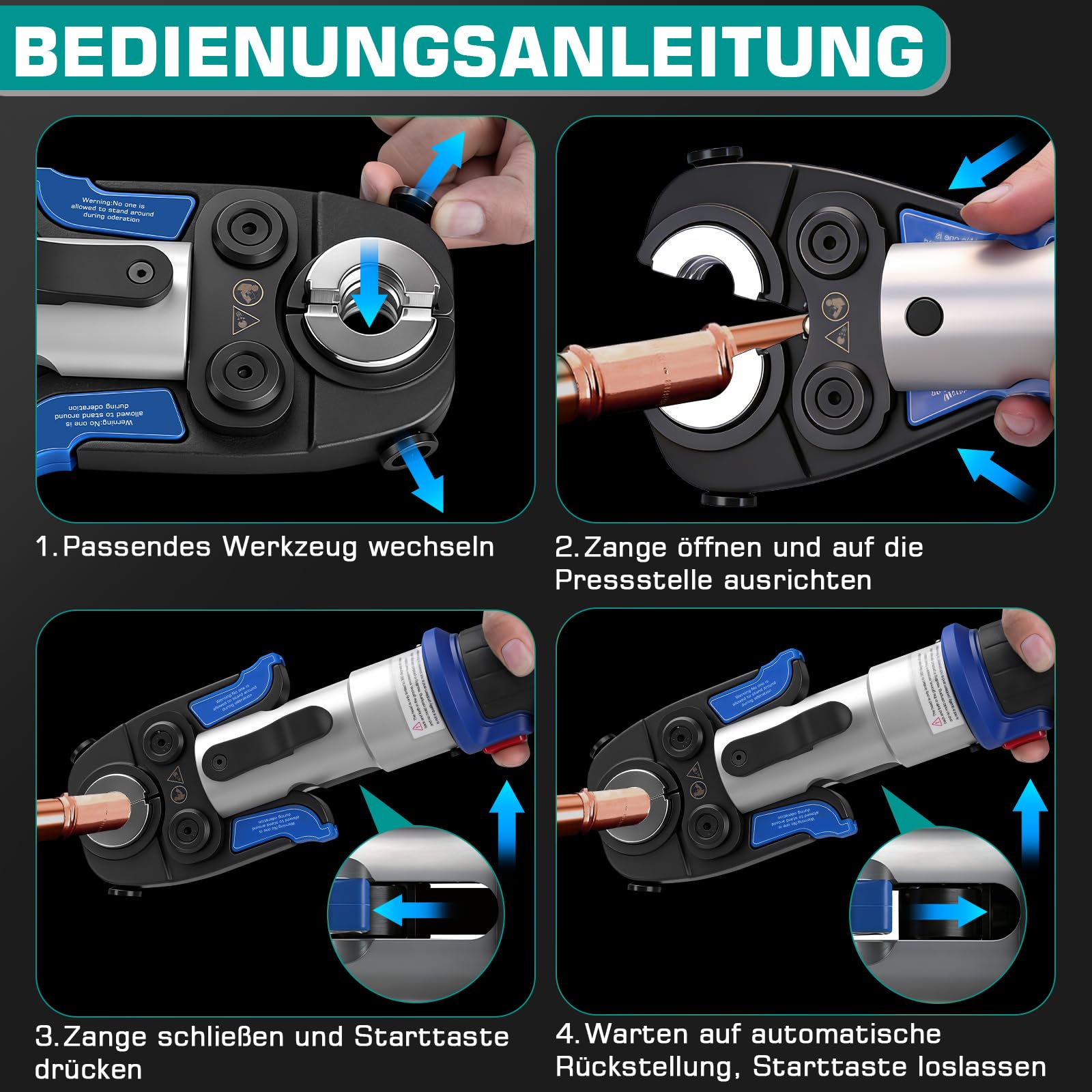 18V Offene Zange Akku Presszangen Set mit 2*Akkus und Schnellladegerät | Akku Rohrpresswerkzeug incl. CR V12 V15 V18 V22 V28 Und TH16 TH20 TH26 TH32 für Kupferrohr, Edelstahlrohr, Verbundrohr Blau