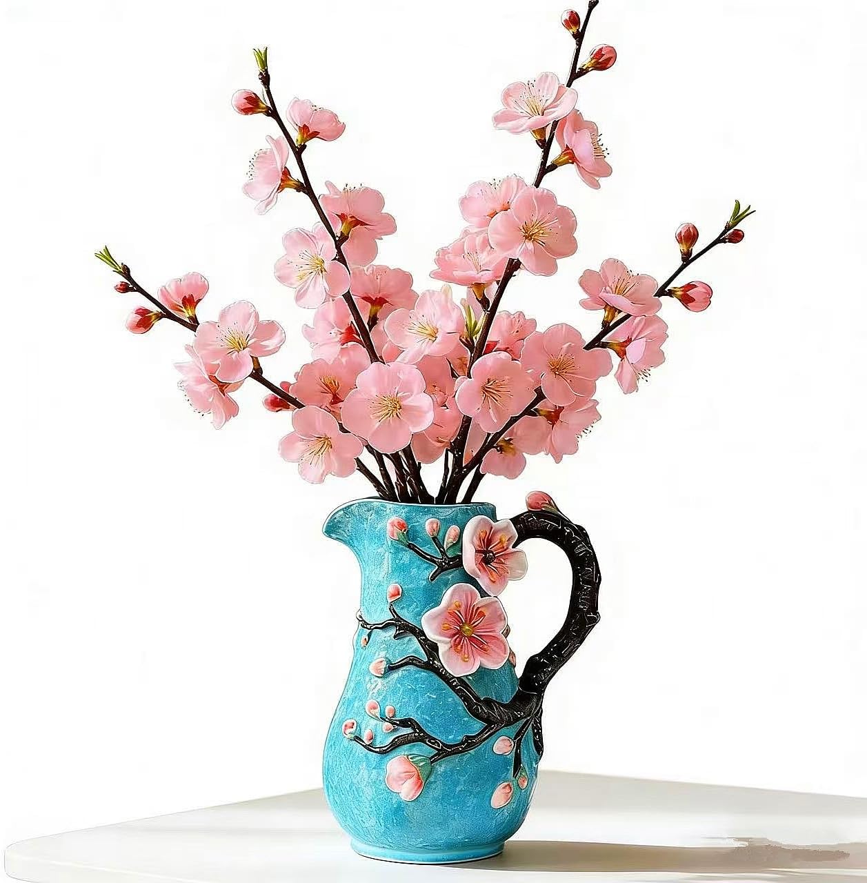 Ceramic Hand-Painted Apricot Blossom Vase Pitcher with Hander, Home Decor Bouquet Holder- 9.75" Tall