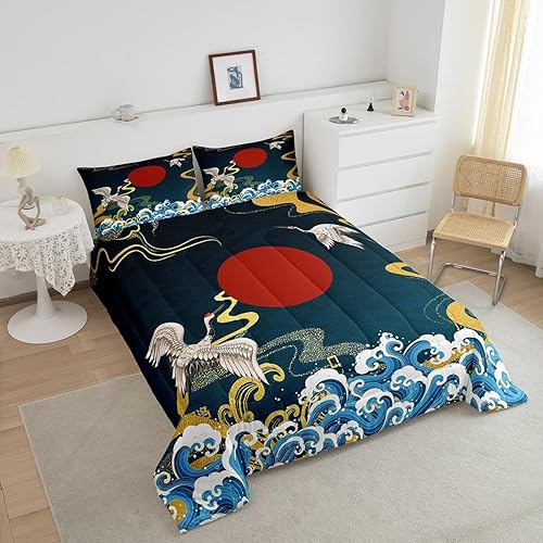 Miniatura 4 de Feelyou Juego de edredón de grúa estilo japonés, con patrón de olas de mar, para mujeres y niñas, decoración tradicional con temática retro,