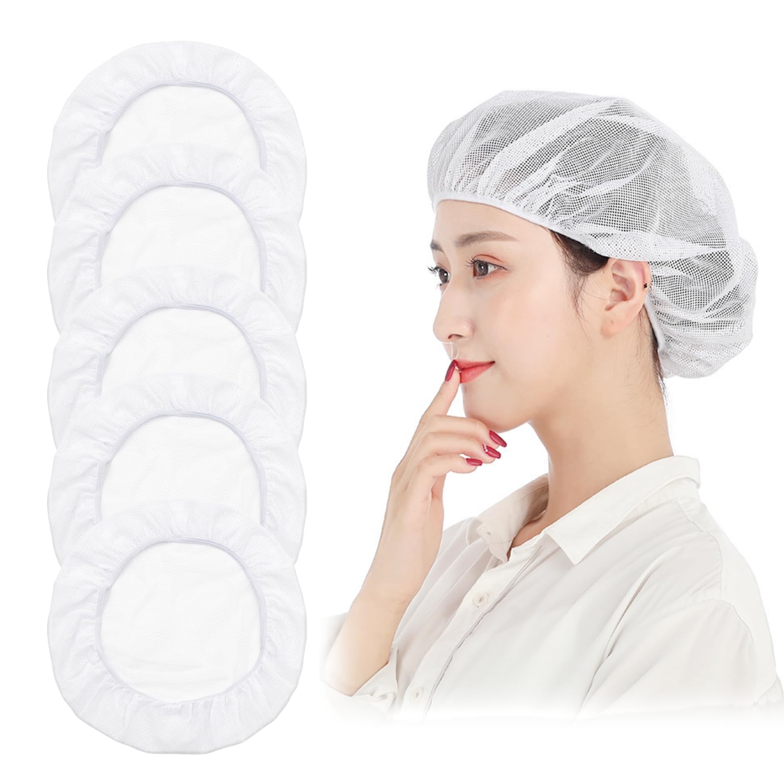 Duoyijin Women's White Mesh Waiter Chef Caps 5Pcs Elastic Catering Hats Restaurant Kitchen Cooking Hats Industrial Workshop Hair Net Adjustable Reusable Food Service Hat For Unisex Workers Cleaners Bakers(White)