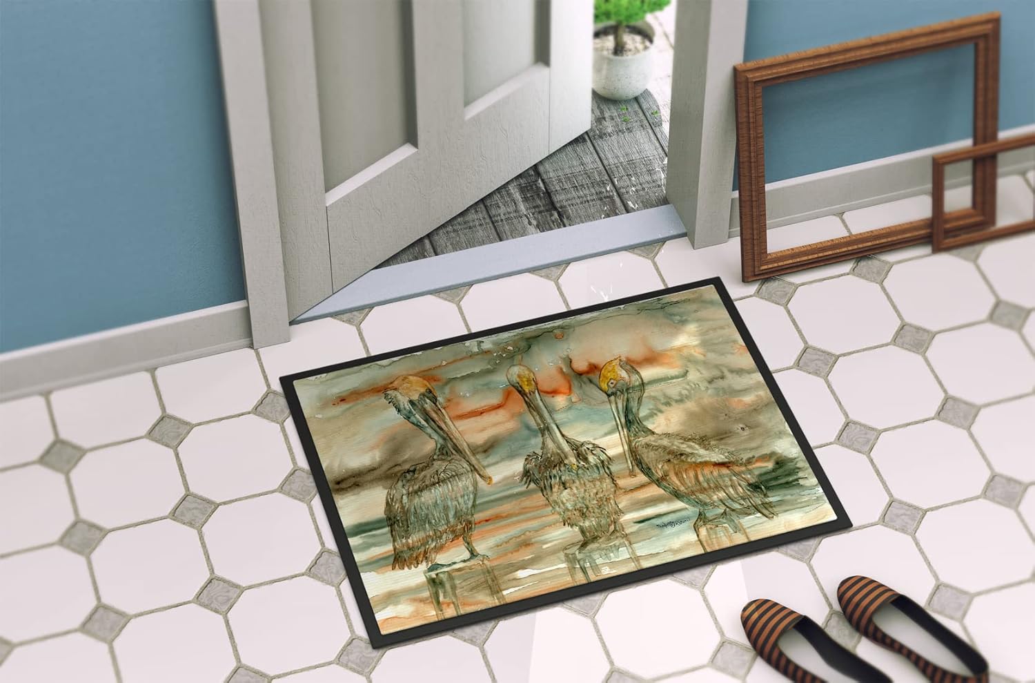 Caroline's Treasures 8980MAT Pelicans on Their Perch Abstract Doormat 18x27 Front Door Mat Indoor Outdoor Rugs for Entryway, Non Slip Washable Low Pile, 18H X 27W