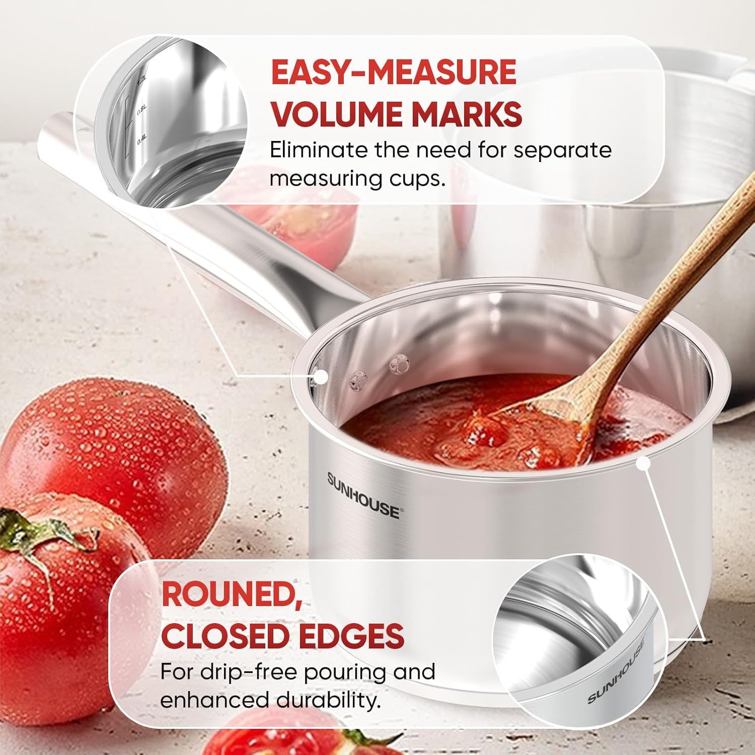 SUNHOUSE – 3 Quarts Stainless Steel Sauce Pan with Lid - PFOA-Free, Stainless Steel Sauce Pan, Advanced Impact Bonding Induction Base, Stay-Cool Handle, Compatible with All Cooktops