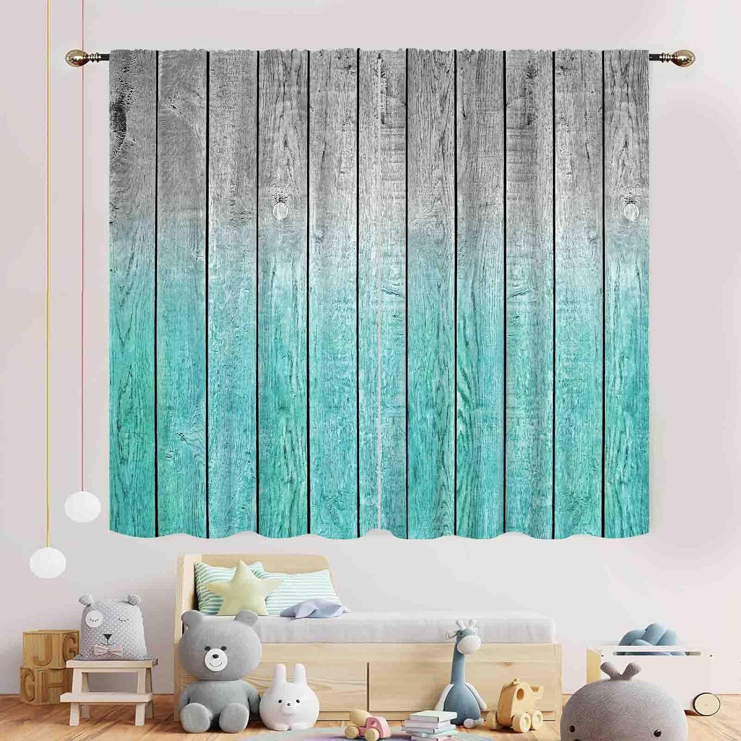 Farmhouse Curtains, Rustic Country Teal Wooden Barn Door Wooden Board Barnwood Vintage Omber Blue Blackout Window Treatments Drapery for Bedroom Living Room Bathroom Kitchen 2 Panels, 42"x45" Inch - Image 3
