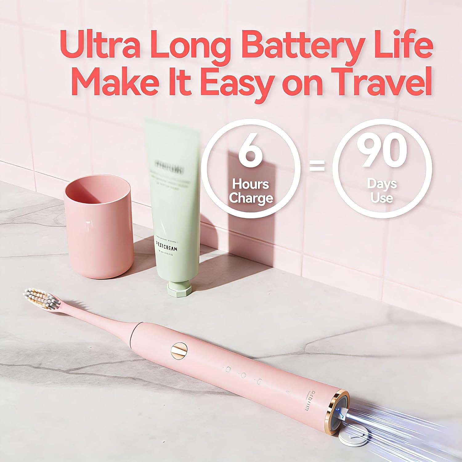 KIWIBIRD K1 MINI Sonic Toothbrush for Teenagers, Slim 85g Lightweight, 90-Day Long Battery, Travel Case & Pouch, IPX7 Waterproof, Sensitive Gums & Teeth, Pink