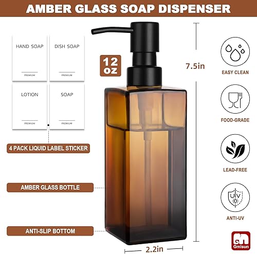 Miniatura 2 de GMISUN Dispensador de jabón de vidrio ámbar, paquete de 2 dispensadores de jabón de manos para baño, dispensador de platos de 12 fl oz11.8 fl oz