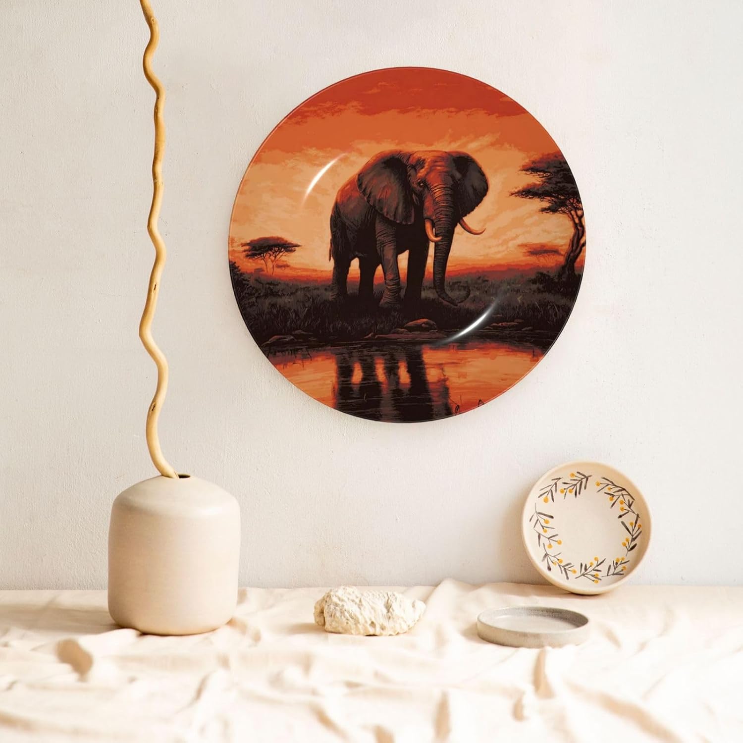 Decorative Plate 10in Bone China Dessert Plates with Display Stand Ceramic Ornament Ceramic Sunset elephant Decorative Plates Art Crafts Porcelain Plate for Home Club Living Room