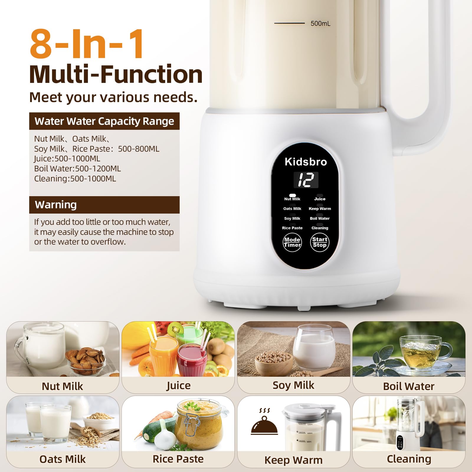 8 in 1 Automatic Nut Milk Maker, Almond Milk Maker,40oz ?1200ML?Automatic Soy Milk Maker for Homemade Oat, Coconut, Soy, Plant Based Milks with Delay Start/Keep Warm/Boil Water