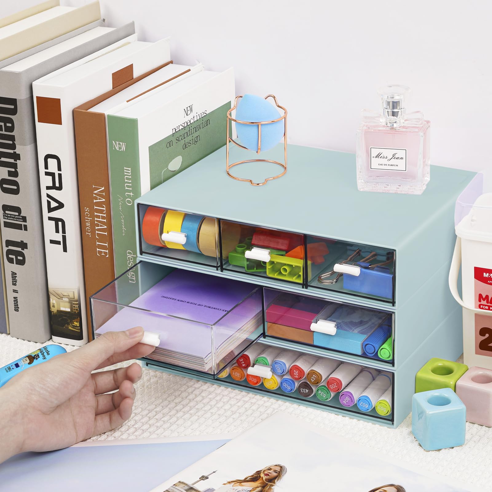 Organizador de escritorio apilable de 3 niveles con 6 cajones, caja de almacenamiento de escritorio de plástico, cajones de escritorio, almacenamiento de maquillaje desmontable, organizador de