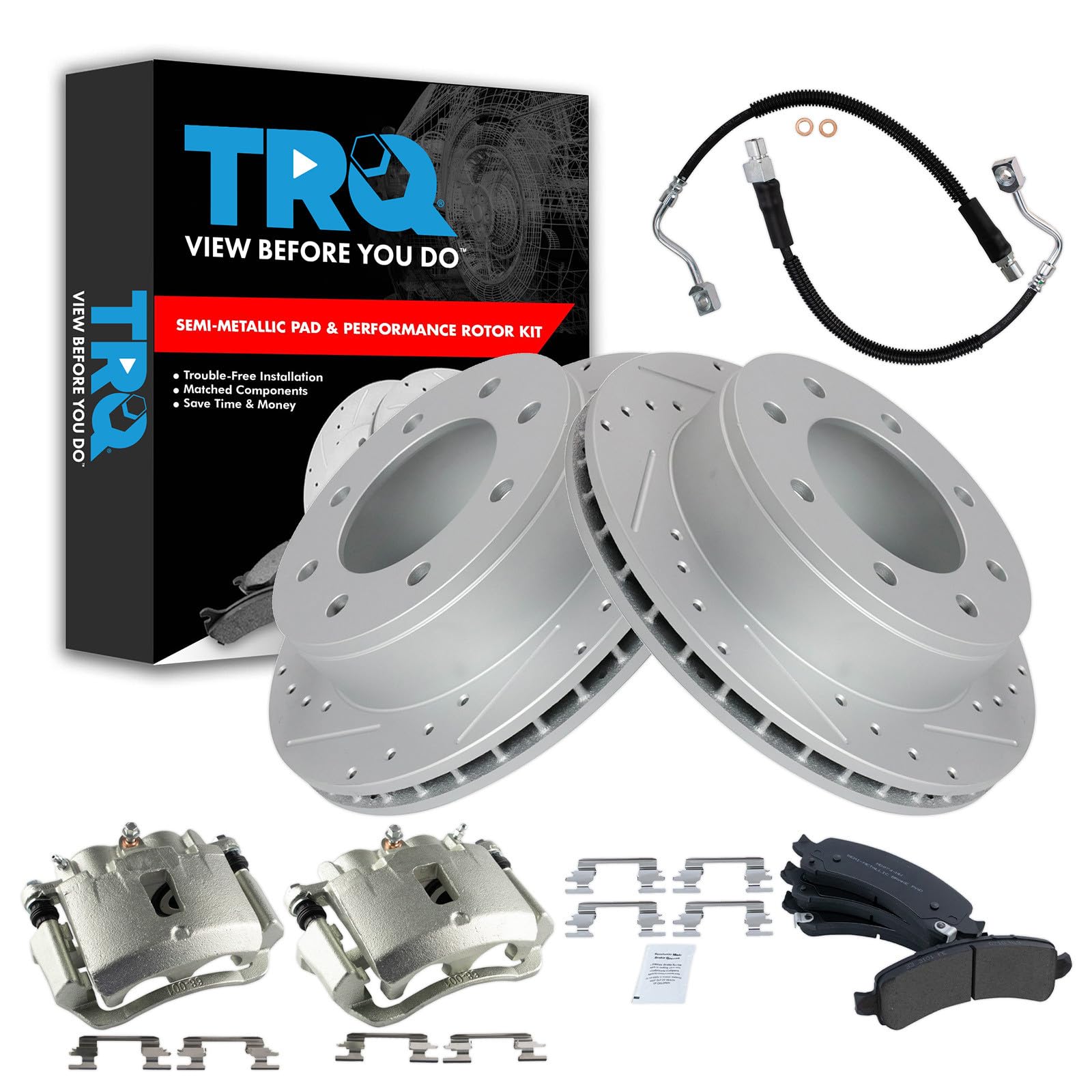 TRQ Brake Pad &amp; Rotor Kit Performance Semi-Metallic Compatible with 2003-2010 Chevrolet Express 2500 2011-2012 Express 3500 GMC Savana 2500 2007-2012 Savana 3500