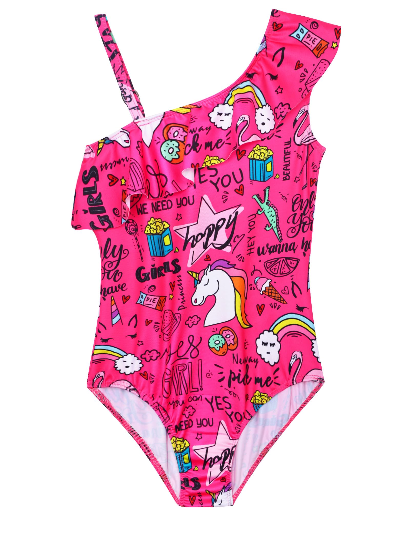 Snowheart Girls Swimsuit Adjustable Shoulder Strap UPF50+ One-Shoulder Ruffle Bathing Suit 3-12T