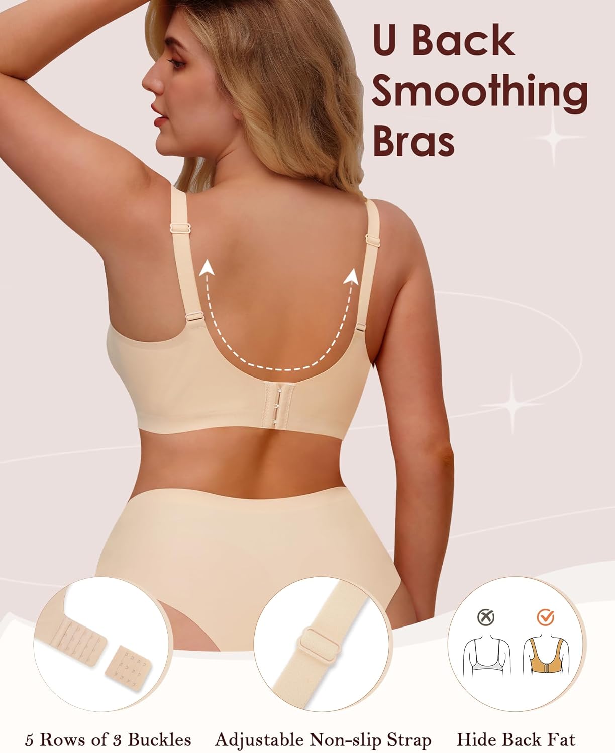 Womens Everyday Comfort Bra Full Coverage Wireless Bralettes Sexy Breathable V-Neck Mesh Soft Support Brassiere Beige 38DD - Image 4