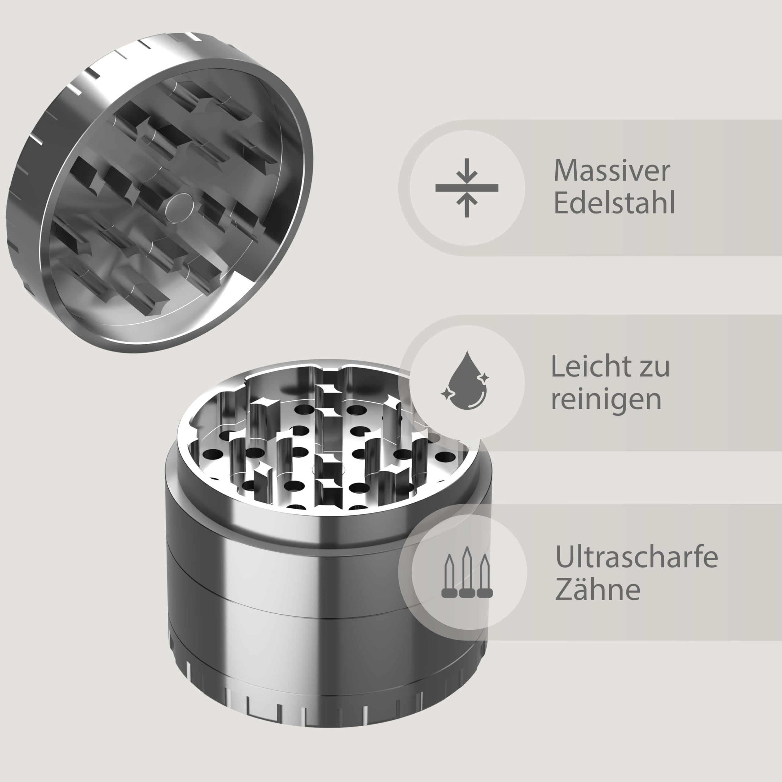 Bloomint Edelstahl Grinder 55mm, 4-teiliger Metall-Grinder für Kräuter, Gewürze und Herb