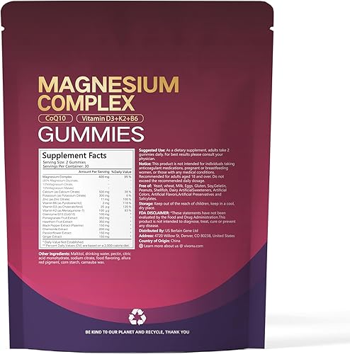 Miniatura 9 de Complejo de magnesio 14 en 1 para mujeres y hombres, 2600 mg por porción, gomitas de sabor fresa con glicinato de magnesio, CoQ10, vitamina D3 K2