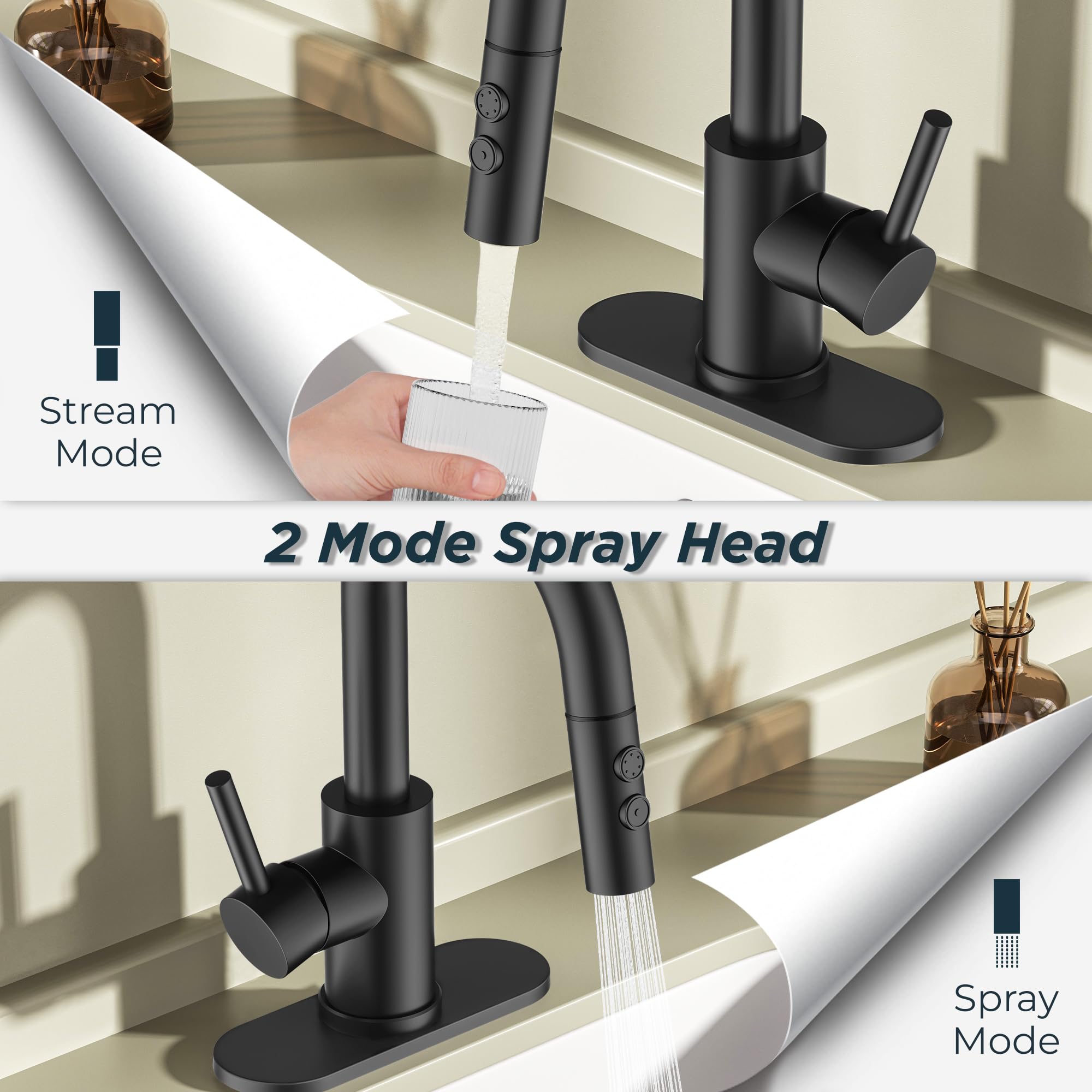 Grifo de baño Negro Mate con 1 Orificio, Grifo Monomando Giratorio de 360° para Lavabo con desagüe emergente