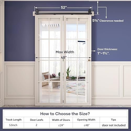 Miniatura 2 de Kit de rieles de puerta de granero plegable de 52 pulgadas para dos puertas de armario de 24 pulgadas, sistema deslizante de montaje superior,