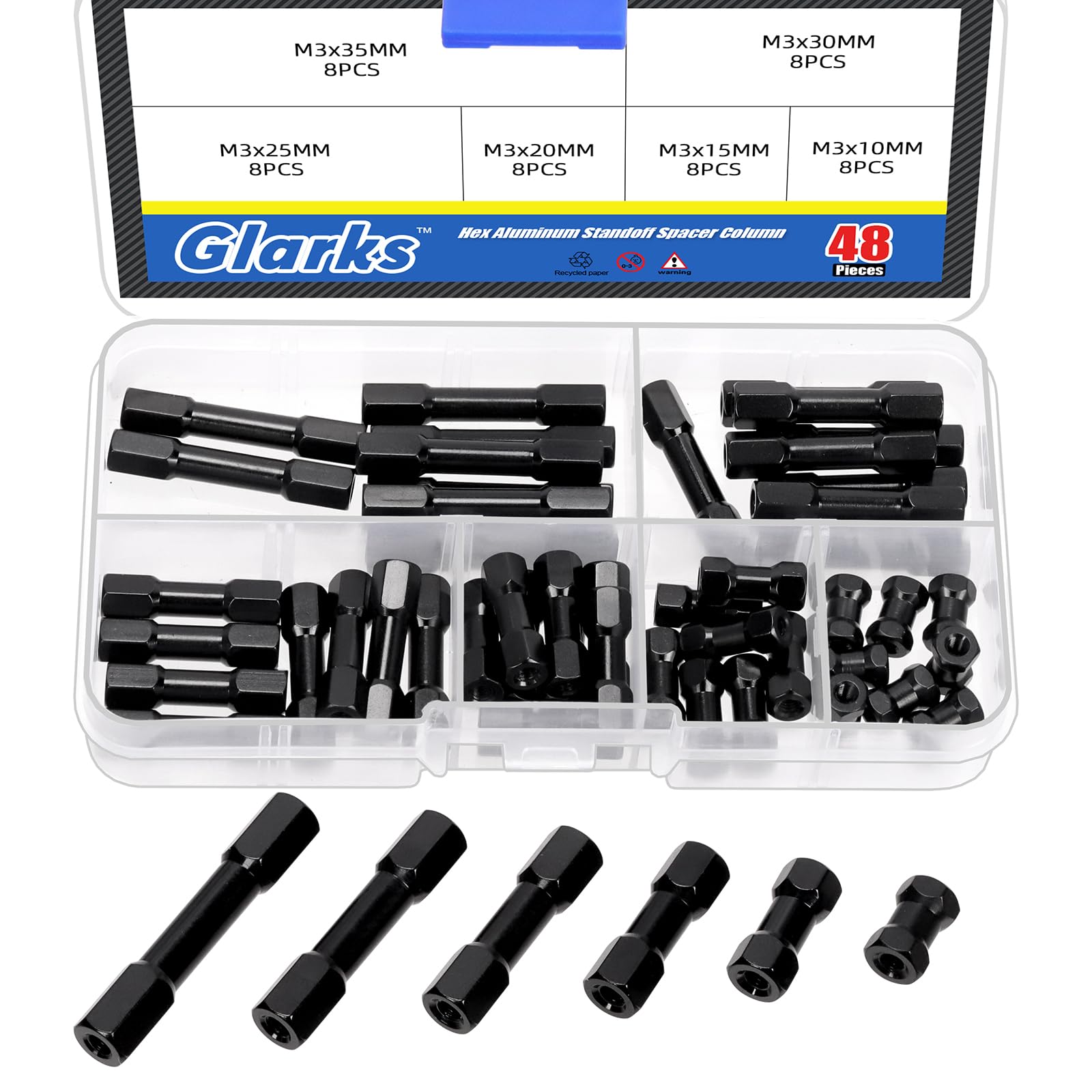Espaciadores hexagonales M3 de aluminio negro para ensamblaje estable de drones, 48 piezas