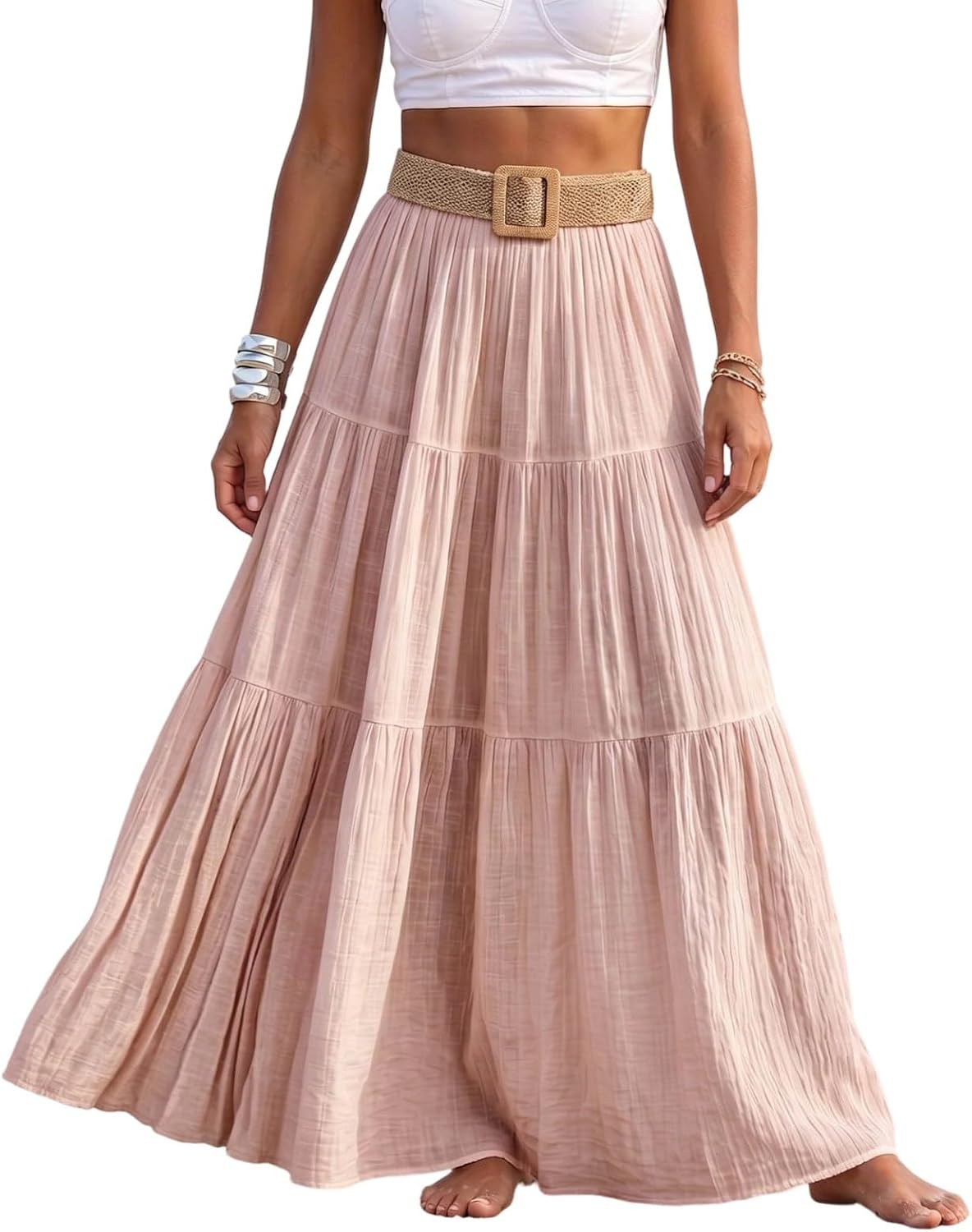 Women's Cotton Linen High Waist Tiered Ruffle Flowy Maxi Skirt Belt | Maxi Skirts for Women Summer Elastic High Waist A-Line Flowy Layer Tiered Ruffle Cotton Linen Long Skirt with Belt