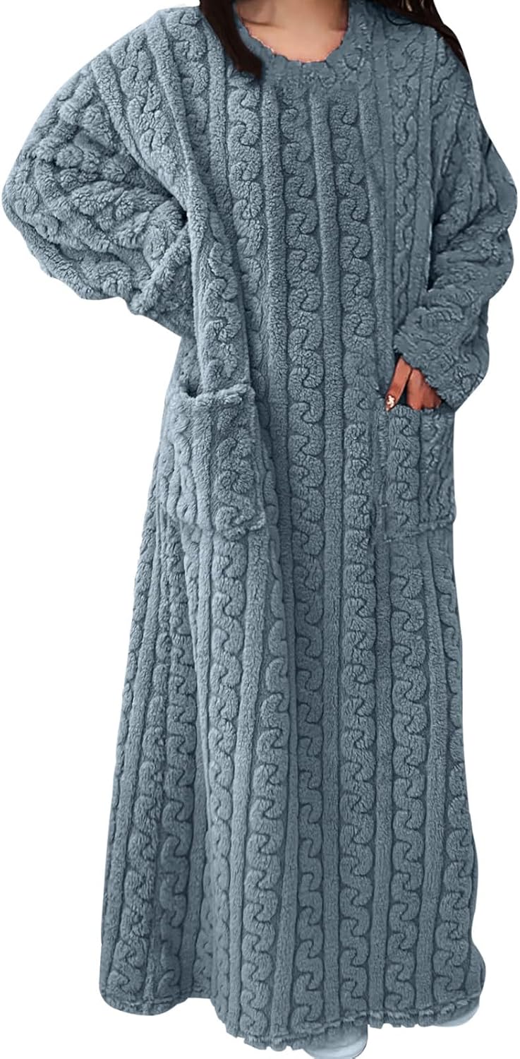 Women's Flannel Nightgown Fuzzy Fleece Cozy Plush Warm Winter Pullover Loungewear Sleepdress O Neck Nightdress