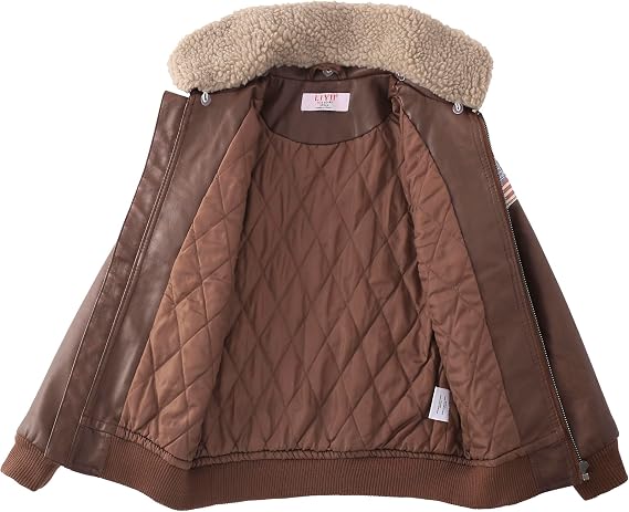 LJYH Kids Brown Vintage Style Aviator Quilted Faux Leather Jackets Boys Warm Padded Biker Motorcycle Bomber Pu Leather Coats