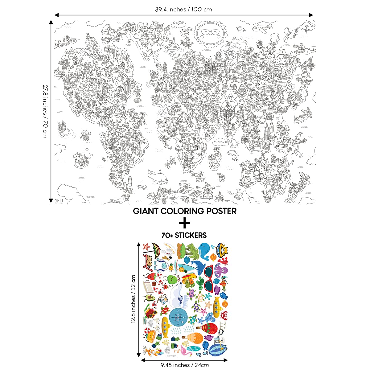YETI BLANK DESIGNS - Poster Géant à Colorier avec 70+ stickers - Atlas Carte du Monde - XL (100x70cm) - idée cadeau poster avec autocollants - facile à encadrer - immense coloriage enfants