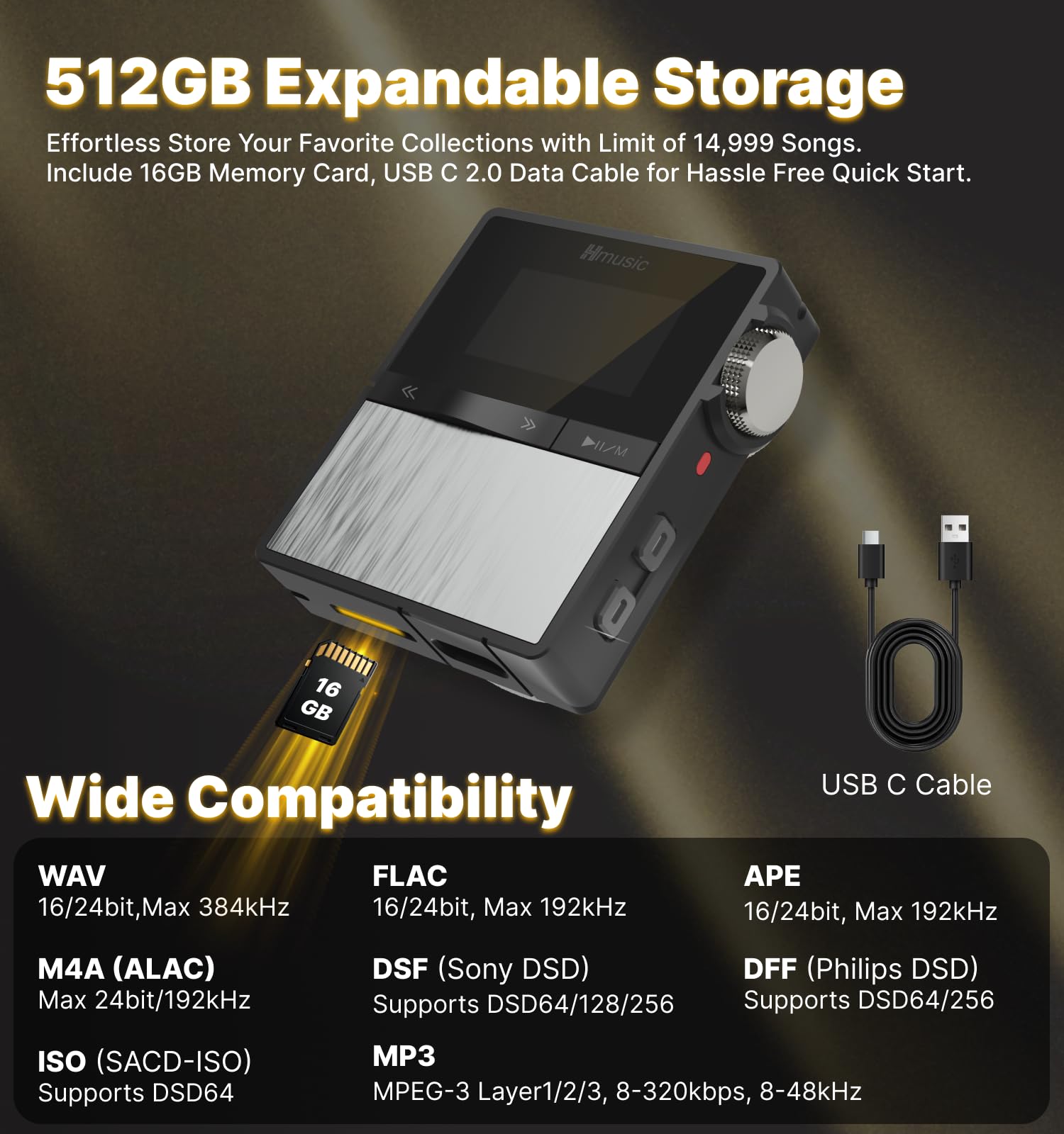 Hmusic Lettore MP3 HIFI con clip rimovibile | Cablato/Bluetooth, DAC, Audio ad alta risoluzione senza perdita, Lettore DSD/FLAC/DAP