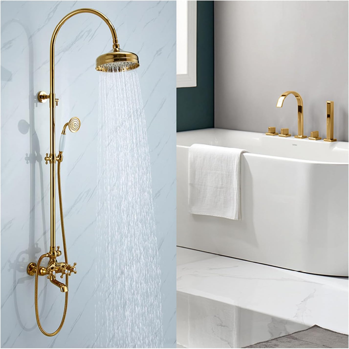 Shower System, Gold Bathroom Shower Faucet Set Brass Shower Fixtures Retro Shower Combo Set 3 Function Shower Kit with Rain Shower Head, Handheld Shower Head, Swivel Bathtub Faucet