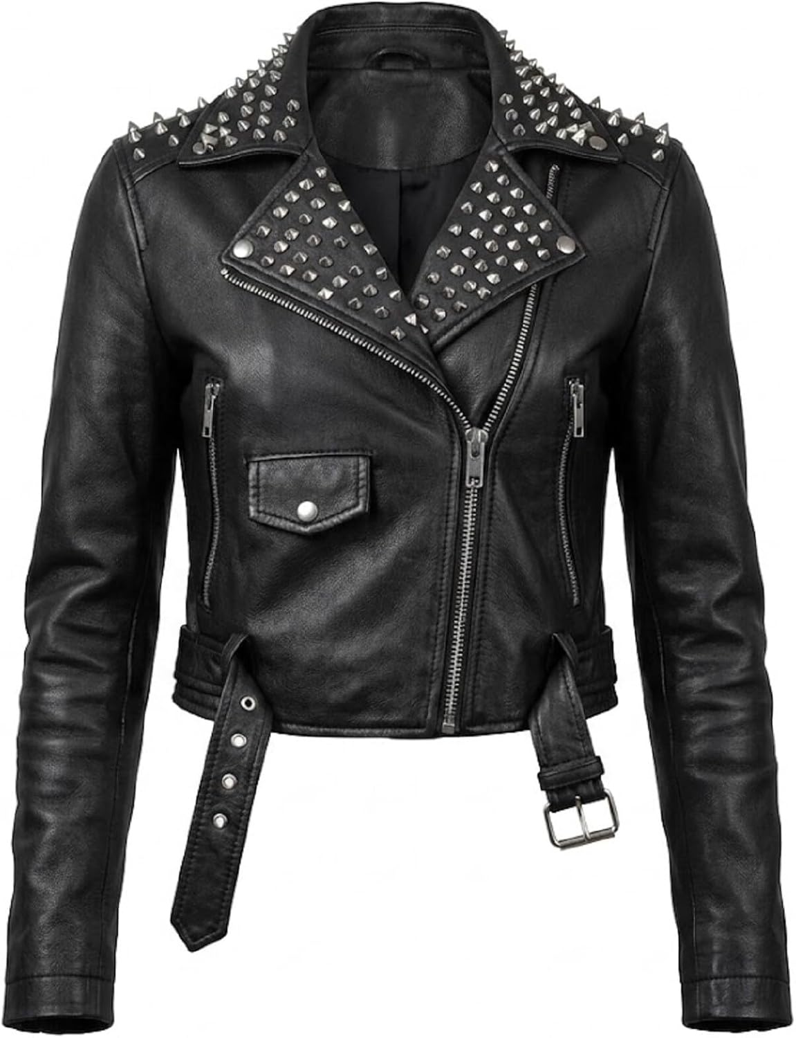 Womens Studded Leather Biker Jacket & Matching High Waisted Shorts Set Edgy Punk Rock Moto Two Piece Black