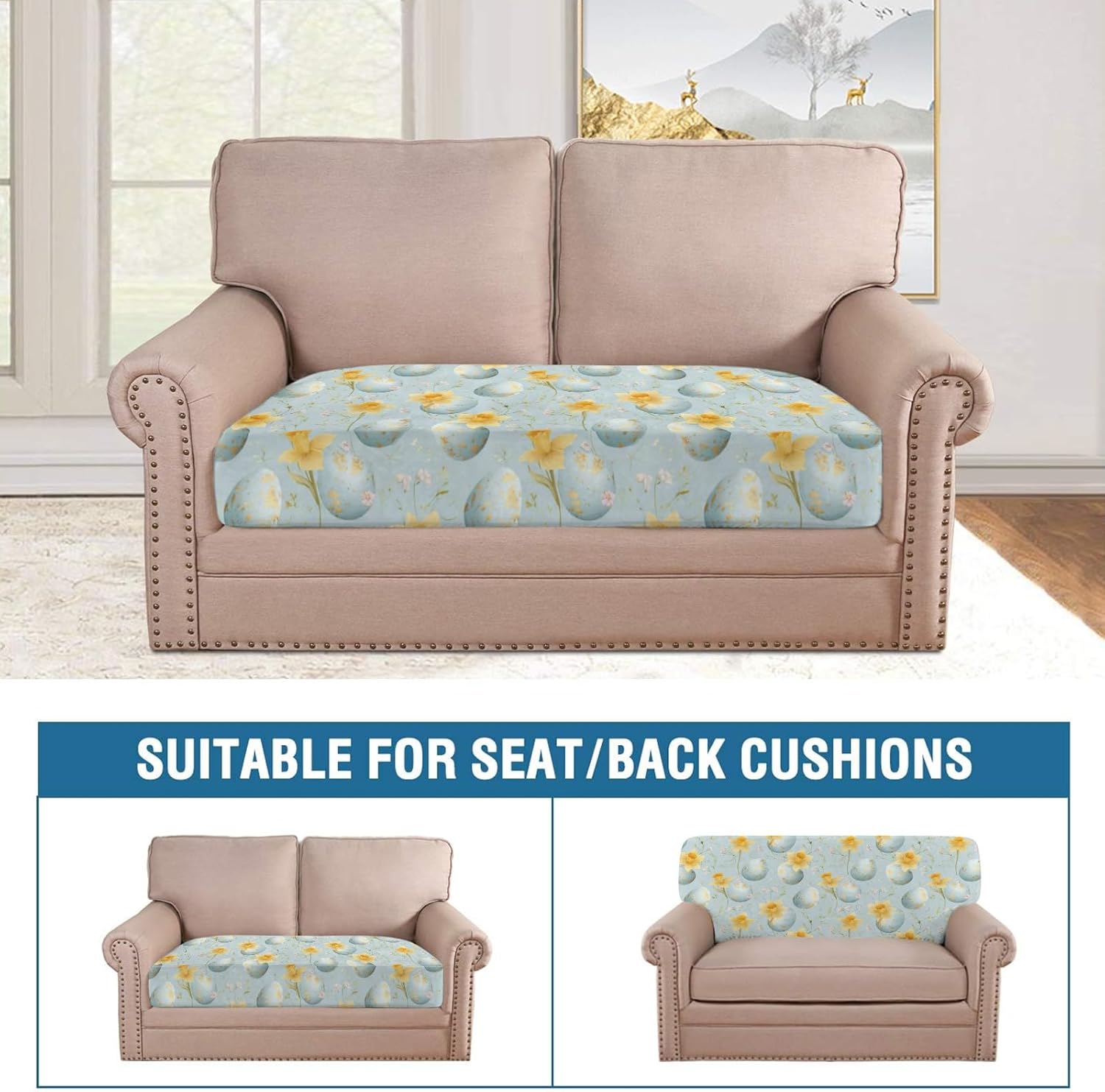 Daffodil Easter Egg Loveseat Covers Couch Covers for 2 Cushion Couch, 2-Piece Stretch Sofa Slipcovers Anti-Slip Washable Furniture Protectors for Dogs Pets