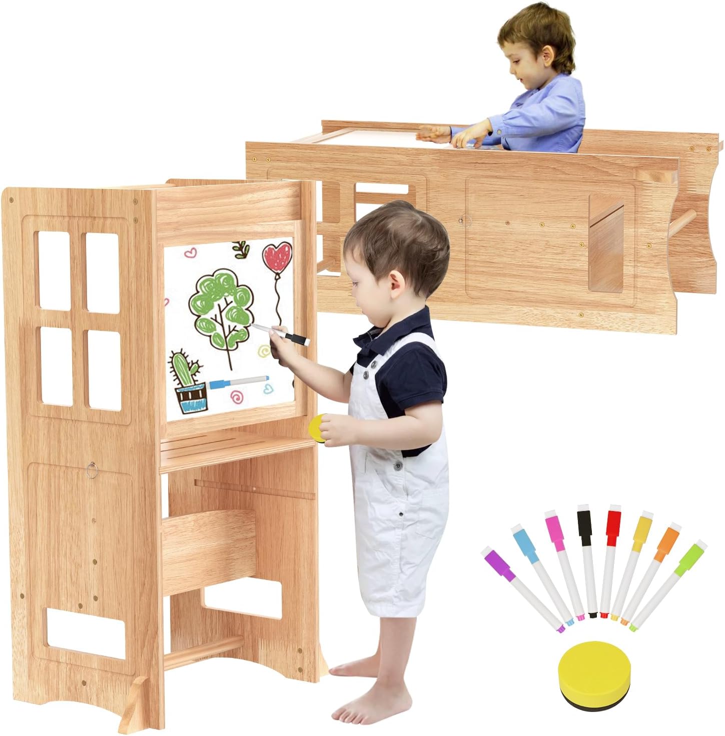 BueDeHai 4 in 1 Kitchen Toddler Step Stool, Wooden Kitchen