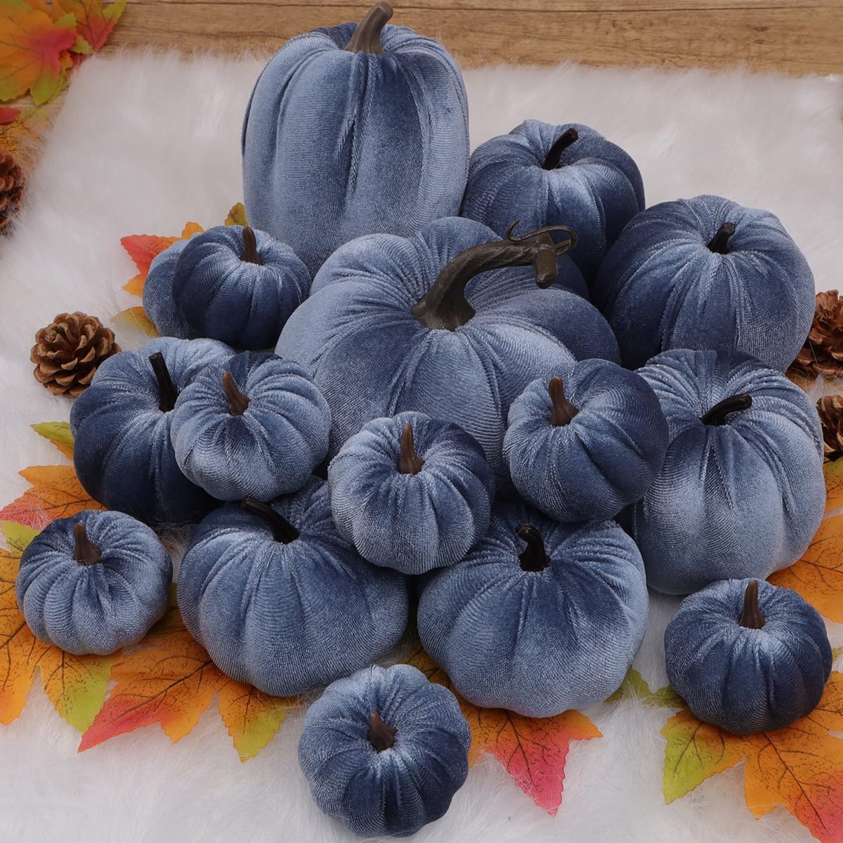 16 Pcs Blue Velvet Pumpkin Fall Decor Artificial Foam Pumpkins Navy Blue Fabric Faux Pumpkin Rustic Harvest Fake Pumpkins Home Decoration Autumn Door Wreath Table Centerpiece