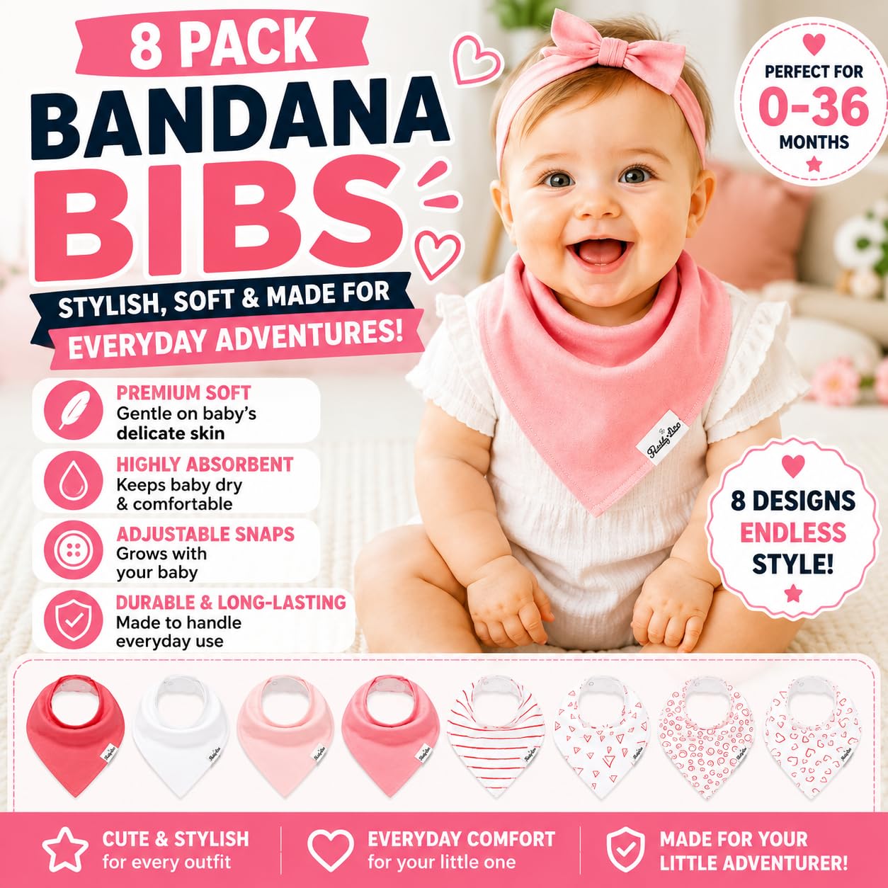 Bandana Bibs for Girls, Set of 8 Baby Drool Bibs with Adjustable Snaps, Soft, Absorbent, Organic Cotton, Newborn, Toddler Girl Bibs for Drooling, Teething and Feeding by KiddyStar