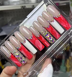 FRUJCDKI Real Gel Handmade luxurious Long Red Marble French Press on Nails Gems Coffin Fake Nails with Designs Glossy False Nails for Women and Girls (039-L)