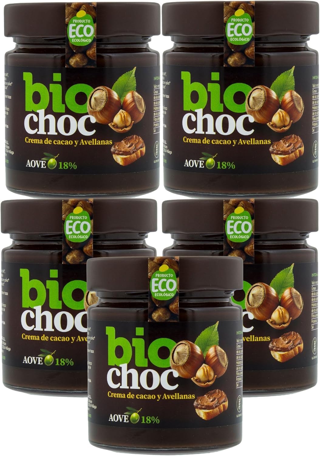 Biochoc - Avellana - Crema de cacao con Aceite de Oliva Virgen Extra Ecológico - 100% Ecológica - Sin gluten, Sin leche, Sin frutos secos - 200gr (Pack 5)