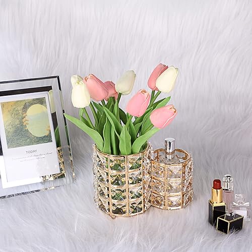 Miniatura 9 de Hipiwe Soporte para brochas de maquillaje, organizador de brochas de maquillaje de cristal dorado brillante, soporte redondo para control remoto,