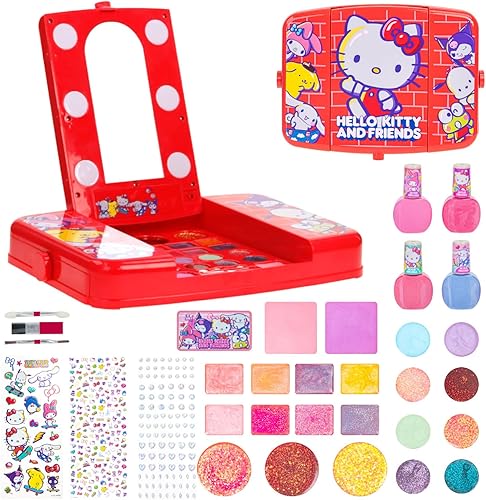 Hello Kitty and Friends - Juego de tocador de belleza con espejo iluminado, incluye brillo de labios, sombra de ojos, rubor, cepillos, esmaltes de