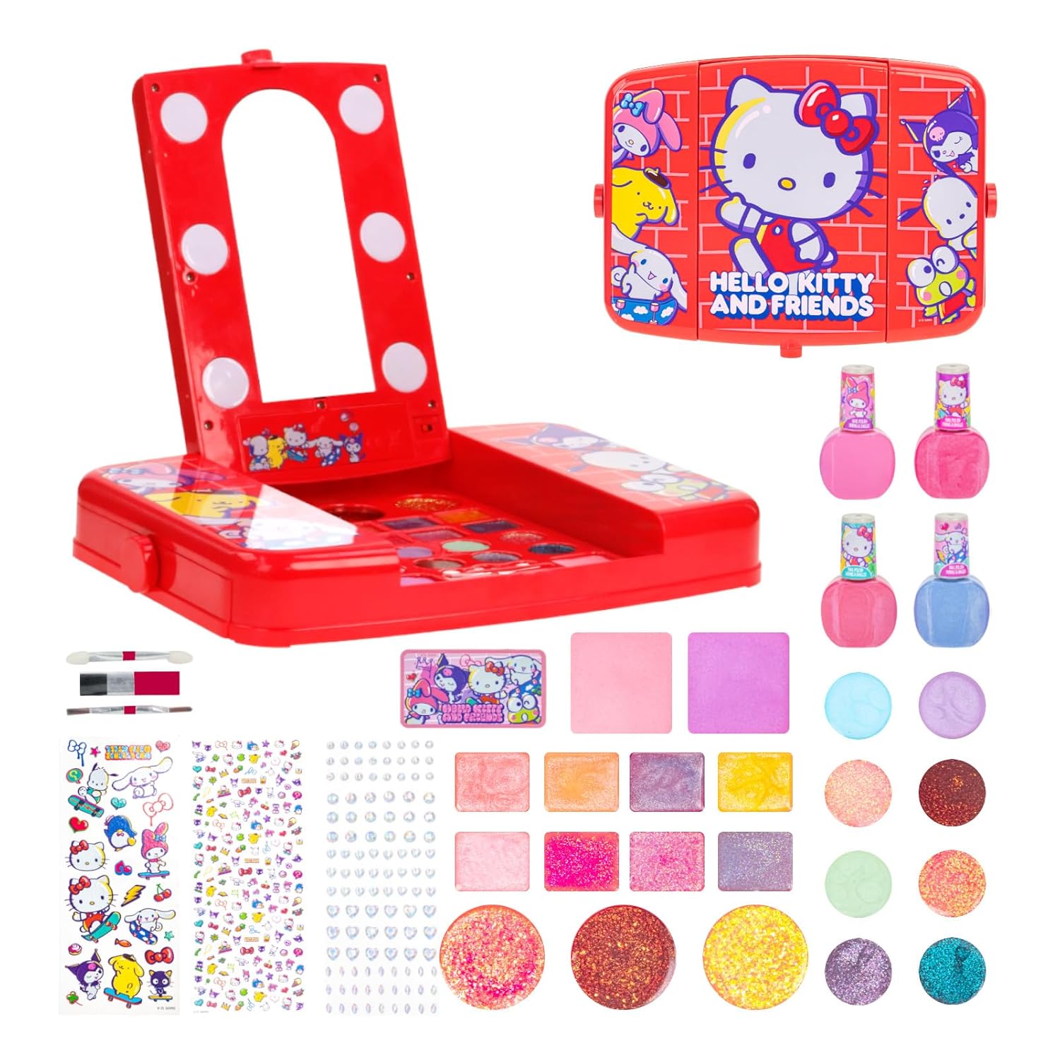 Hello Kitty and Friends Beauty Vanity Set with Light-Up Mirror Includes Lip Gloss Eyeshadow Blush Brushes Nail Polishes
