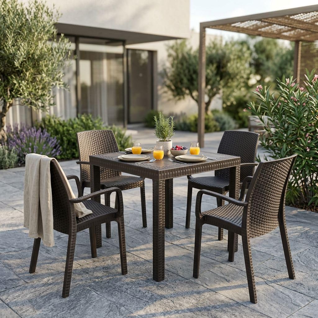 milani home CALIGOLA - set tavolo in alluminio e teak cm 80 x 80 x 74 h con 4 poltrone Alma