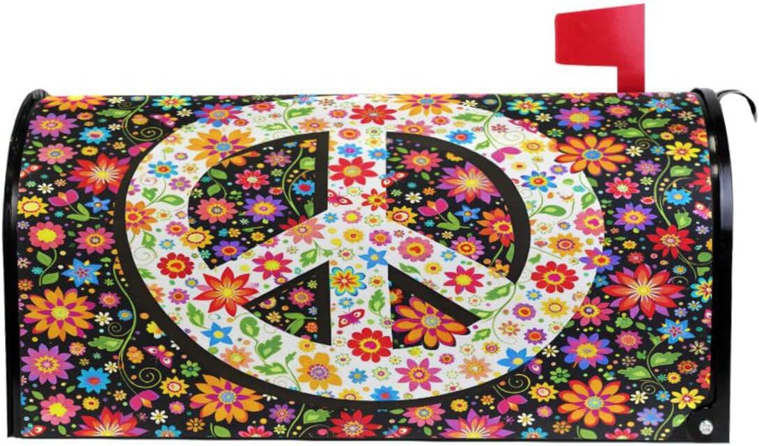 WOOR Flowers Print and Peace Symbol Magnetic Magnetic Mailbox Cover Standard Size for Garden Yard Outdoor Decorations-18 x 20.8"