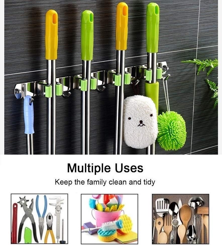 Mop and Broom Holder Wall Mounted Storage Organizer Broom Holder Stainless Steel Mop Holder Utility Tool Organizers with 4 Position 5 Hooks for Laundry Room Garden Garage Closet Kitchen : Tools & Home Improvement