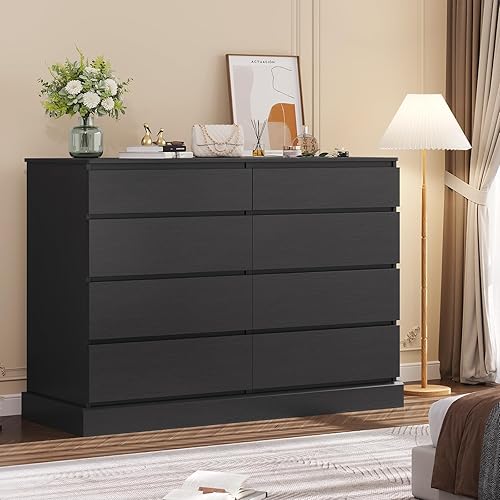 Miniatura 7 de EPHEX Cómoda de dormitorio con 8 cajones, cómoda doble grande negra, moderna cómoda organizadora de almacenamiento para dormitorio, sala de estar,