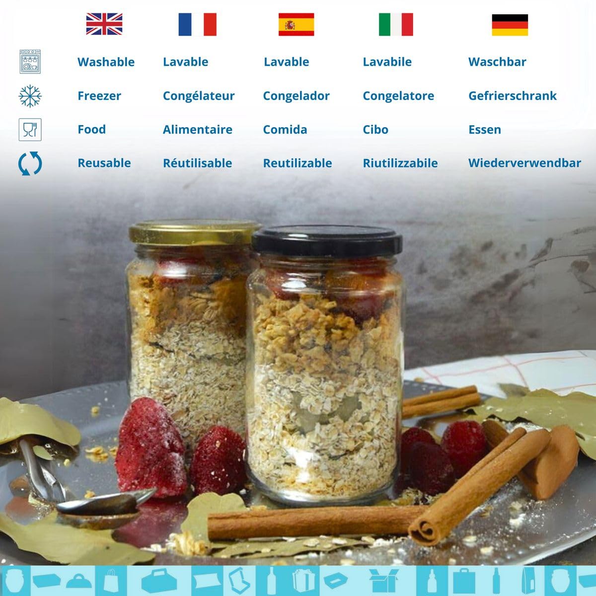 Espirito Rebelde - Lote de 20 tarros de cristal vacíos de 370 ml con tapa - tarros para conservación, mermelada, conservas, miel y especias | Regalo de boda