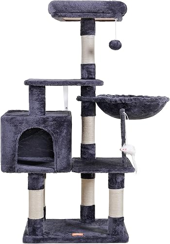 Heybly - Árbol para gatos con juguete, torre con casa, plataforma acolchada, hamaca y postes rascadores de sisal, para interior, color gris ahumado,