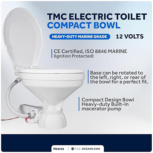 Miniatura 10 de TMC - Inodoro eléctrico marino, inodoro para caravana con conexión de manguera roscada, inodoro de barco, cuenco de diseño grande, bomba maceradora