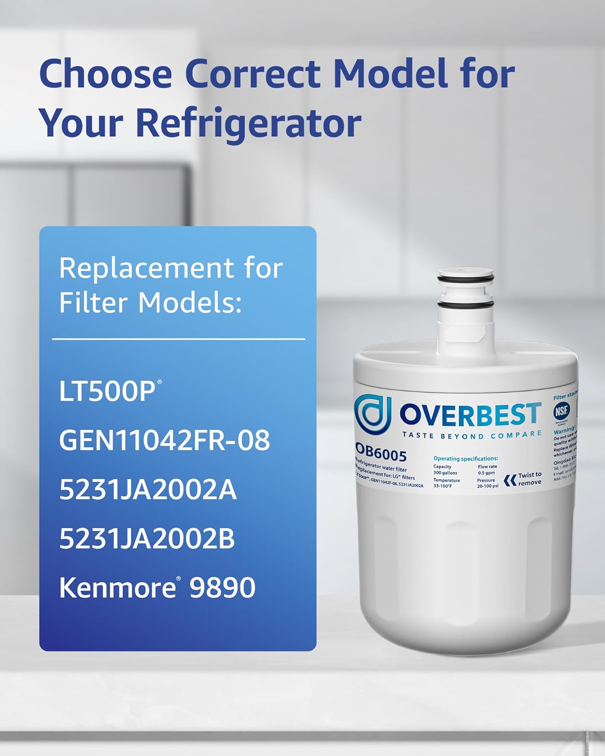 Overbest 5231JA2002A Refrigerator Water Filter, Replacement for LG® LT500P®, GEN11042FR-08, Kenmore® 9890, 46-9890, HDX FML-1, ADQ72910911, ADQ72910901, LFX25974ST, LFX25973ST, LSC27925ST, 3 Pack
