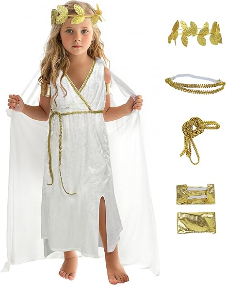 Dressy Daisy White Gold Greek Goddess Halloween Costume Fancy Dress Up Toga God Outfit with Laurel Wreath Headband for Little Girls Size 8-10