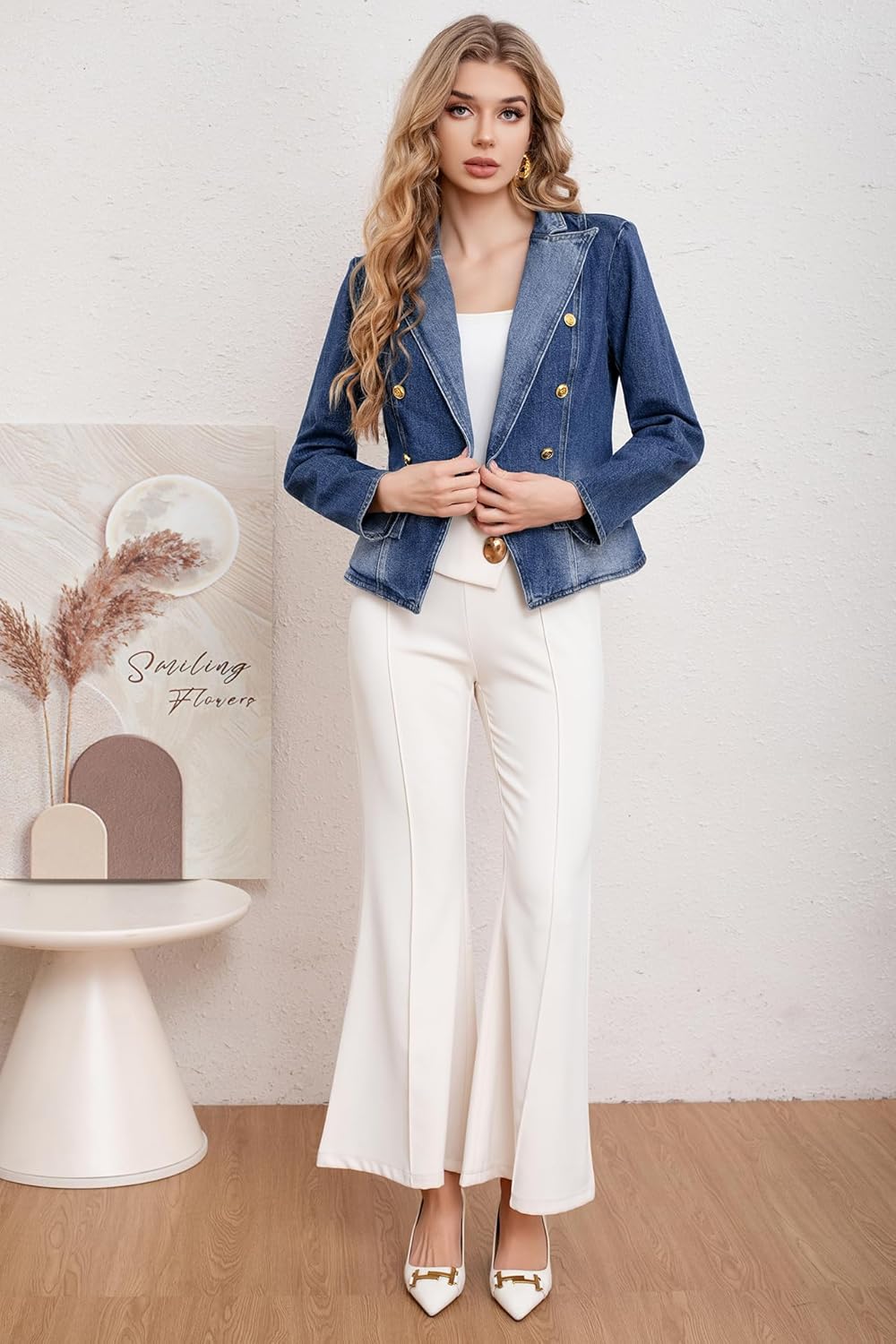 utcoco Women's Notched Lapel Double Breasted Denim Blazer Trendy Casual Slim Fit Long Sleeve Jean Jacket - Image 4