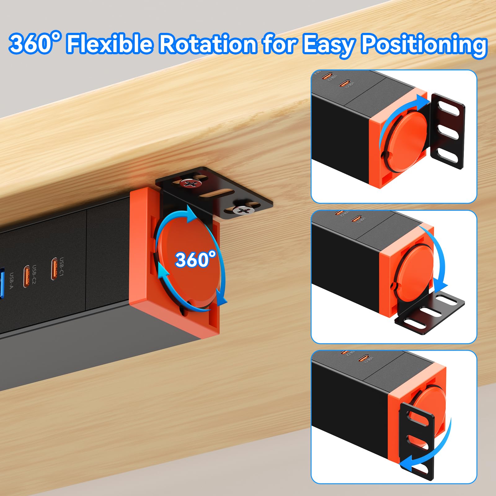 Regleta 8 Tomas con protección contra sobretensiones y USB-C PD 30W | Soporte 360°, 16A/4000W, USB-C2 15W, USB-A 15W, cable 1,8 m, pared, escritorio y bajo mesa